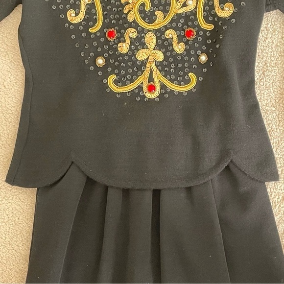 Vintage 80s black wool embellished peplum dress Ciao Ltd stones pearls sequins - Picture 3 of 11